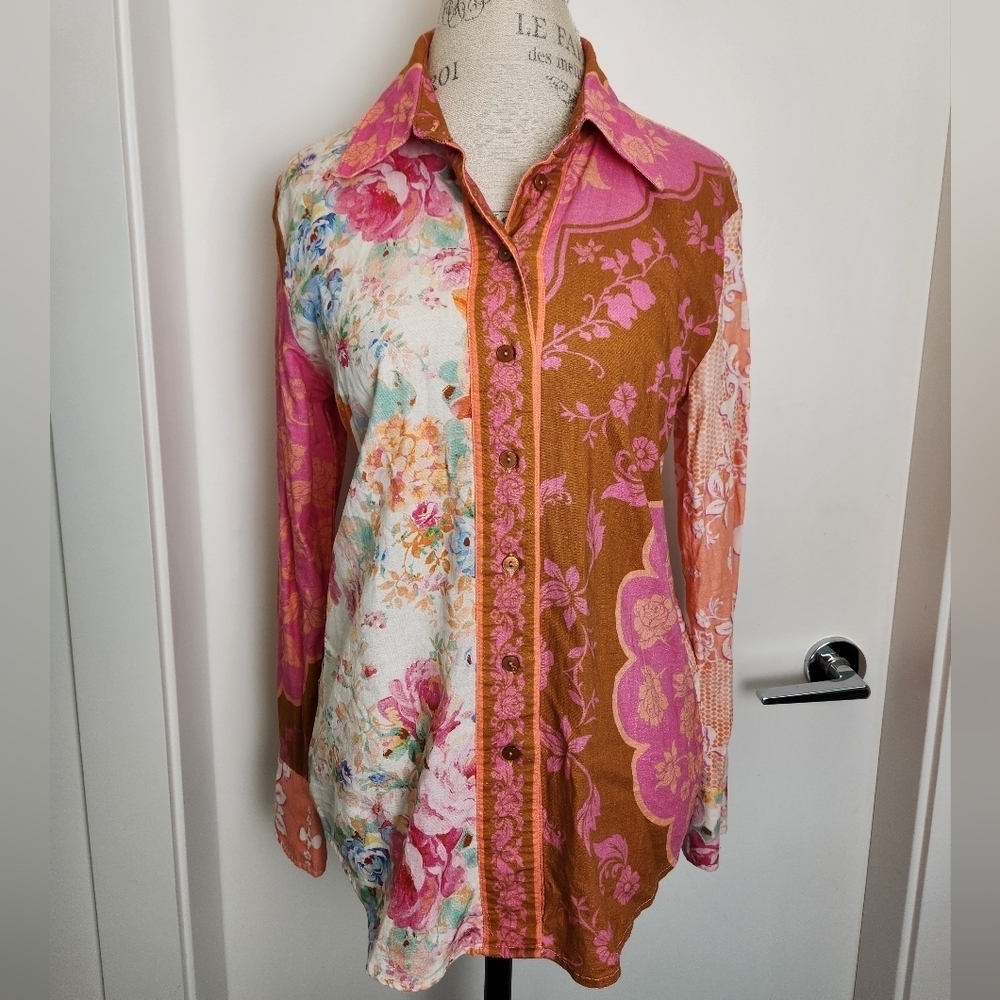 Rachel Zoe Pink Muti Print Linen Blouse